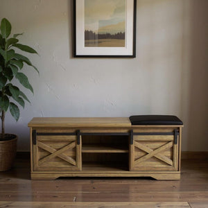 HomeRoots 47" Stylish Black and Natural Faux Leather Bench with Rustic Storage Shelves for Entryway Decor 644524