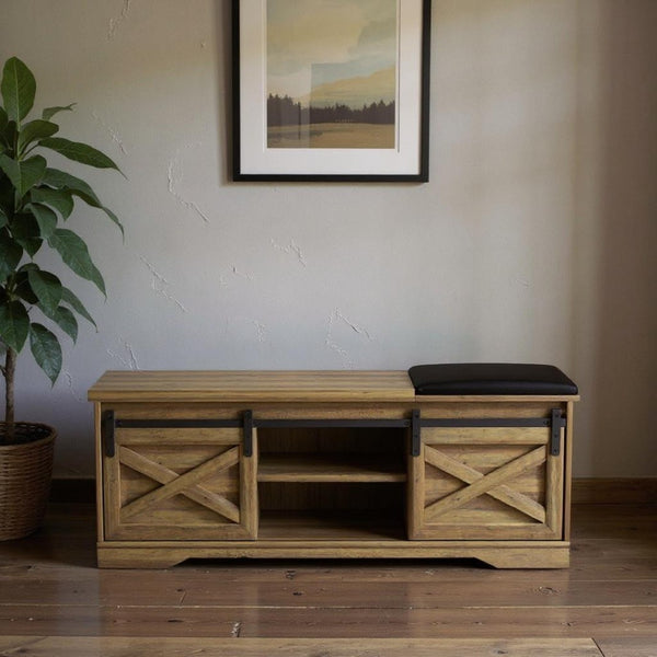 HomeRoots 47" Stylish Black and Natural Faux Leather Bench with Rustic Storage Shelves for Entryway Decor 644524