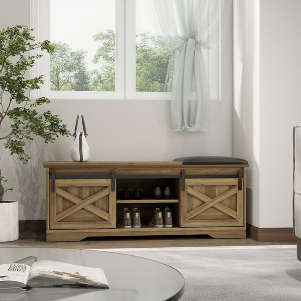 HomeRoots 47" Stylish Black and Natural Faux Leather Bench with Rustic Storage Shelves for Entryway Decor 644524