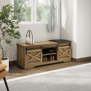 HomeRoots 47" Stylish Black and Natural Faux Leather Bench with Rustic Storage Shelves for Entryway Decor 644524