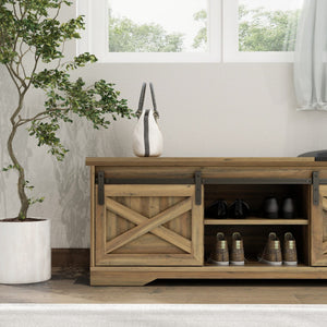 HomeRoots 47" Stylish Black and Natural Faux Leather Bench with Rustic Storage Shelves for Entryway Decor 644524