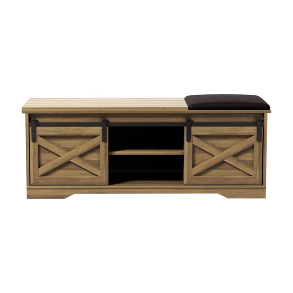 HomeRoots 47" Stylish Black and Natural Faux Leather Bench with Rustic Storage Shelves for Entryway Decor 644524