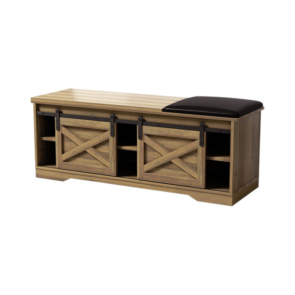 HomeRoots 47" Stylish Black and Natural Faux Leather Bench with Rustic Storage Shelves for Entryway Decor 644524