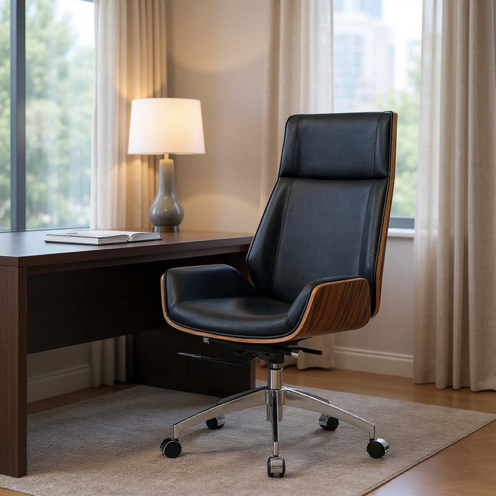 HomeRoots Black Rosewood and Silver Executive Office Chair - Adjustable Height, Swivel, and Rolling Comfort 644526