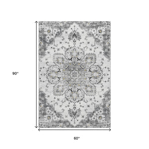 HomeRoots 5' X 8' Elegant Light Gray Floral Medallion Area Rug with UV Protection - Washable & Durable Design! 644528