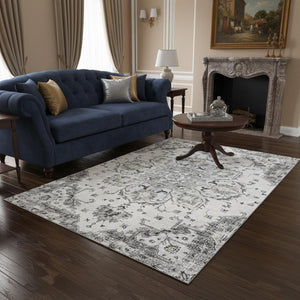 HomeRoots 5' X 8' Elegant Light Gray Floral Medallion Area Rug with UV Protection - Washable & Durable Design! 644528