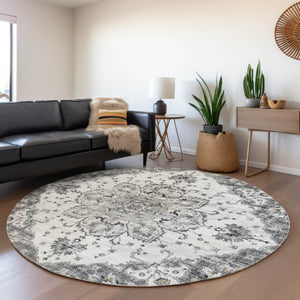 HomeRoots 8' Light Gray Ivory & Gold Floral Medallion Round Rug - Washable, UV Protected & Stain Resistant! 644529