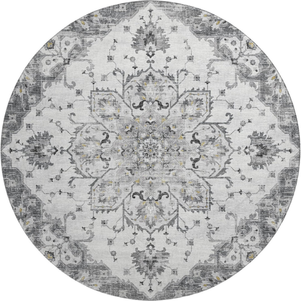 HomeRoots 8' Light Gray Ivory & Gold Floral Medallion Round Rug - Washable, UV Protected & Stain Resistant! 644529