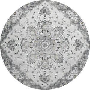 HomeRoots 8' Light Gray Ivory & Gold Floral Medallion Round Rug - Washable, UV Protected & Stain Resistant! 644529