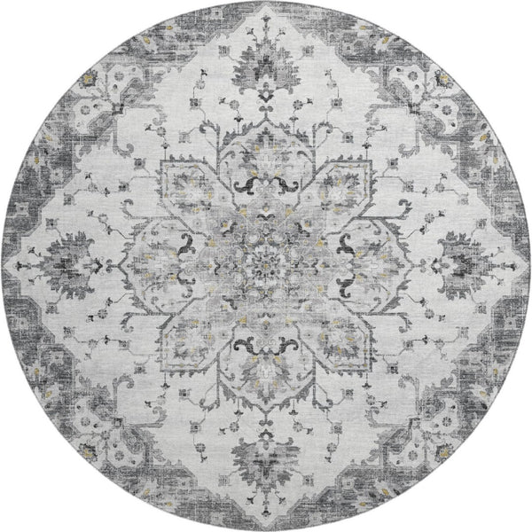 HomeRoots 8' Light Gray Ivory & Gold Floral Medallion Round Rug - Washable, UV Protected & Stain Resistant! 644529