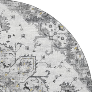 HomeRoots 8' Light Gray Ivory & Gold Floral Medallion Round Rug - Washable, UV Protected & Stain Resistant! 644529