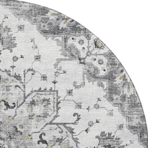 HomeRoots 8' Light Gray Ivory & Gold Floral Medallion Round Rug - Washable, UV Protected & Stain Resistant! 644529