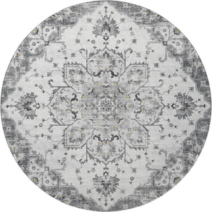 HomeRoots 8' Light Gray Ivory & Gold Floral Medallion Round Rug - Washable, UV Protected & Stain Resistant! 644529