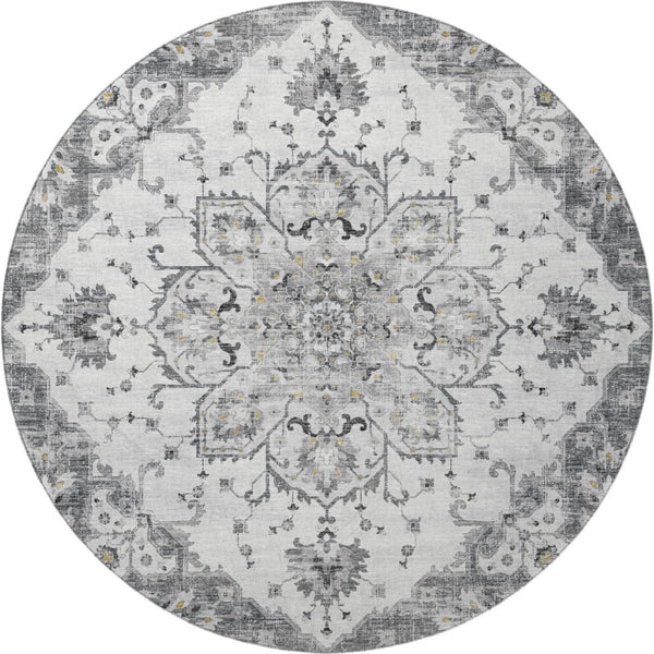 HomeRoots 8' Light Gray Ivory & Gold Floral Medallion Round Rug - Washable, UV Protected & Stain Resistant! 644529