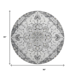 HomeRoots 8' Light Gray Ivory & Gold Floral Medallion Round Rug - Washable, UV Protected & Stain Resistant! 644529