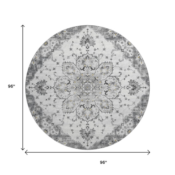 HomeRoots 8' Light Gray Ivory & Gold Floral Medallion Round Rug - Washable, UV Protected & Stain Resistant! 644529