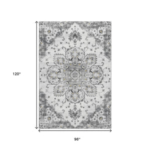 HomeRoots 8' X 10' Washable Light Gray Floral Medallion Area Rug with UV Protection for Busy Households 644530