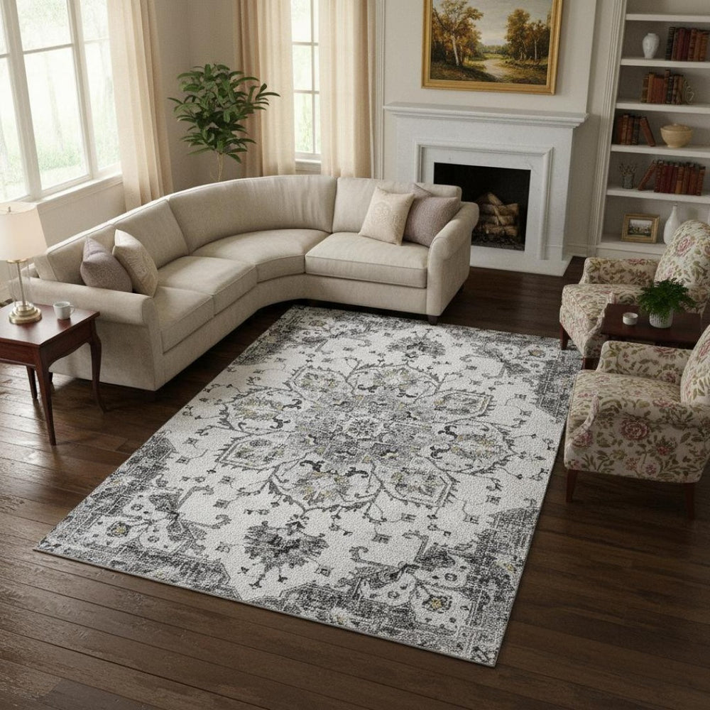 HomeRoots 8' X 10' Washable Light Gray Floral Medallion Area Rug with UV Protection for Busy Households 644530