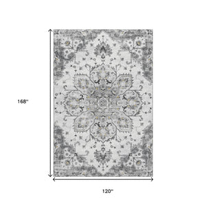 HomeRoots 10' Light Gray Ivory Gold Floral Medallion Area Rug - Washable, Durable, UV Protected for Style & Comfort 644532