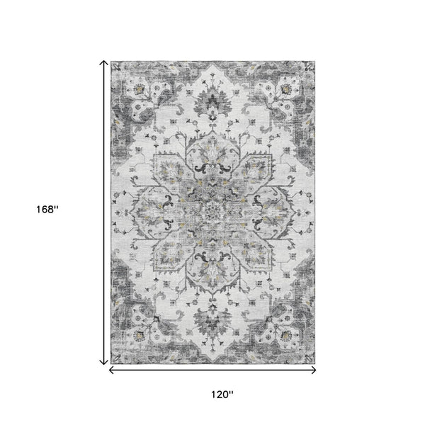 HomeRoots 10' Light Gray Ivory Gold Floral Medallion Area Rug - Washable, Durable, UV Protected for Style & Comfort 644532