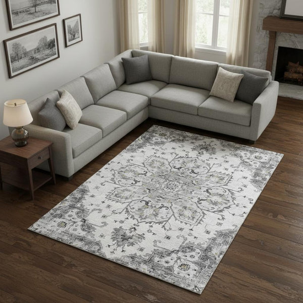 HomeRoots 10' Light Gray Ivory Gold Floral Medallion Area Rug - Washable, Durable, UV Protected for Style & Comfort 644532