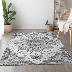 HomeRoots 10' Light Gray Ivory Gold Floral Medallion Area Rug - Washable, Durable, UV Protected for Style & Comfort 644532