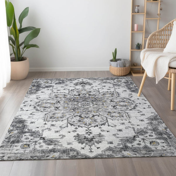 HomeRoots 10' Light Gray Ivory Gold Floral Medallion Area Rug - Washable, Durable, UV Protected for Style & Comfort 644532