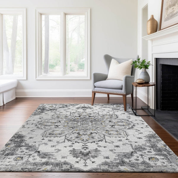 HomeRoots 10' Light Gray Ivory Gold Floral Medallion Area Rug - Washable, Durable, UV Protected for Style & Comfort 644532