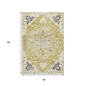 HomeRoots 5' X 8' Elegant Gold Ivory Blue Floral Medallion Area Rug - Washable, UV Resistant & Stain-Proof! 644534