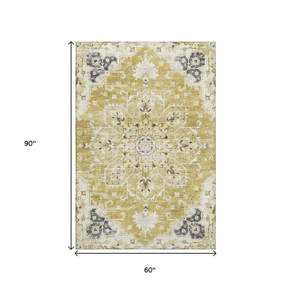 HomeRoots 5' X 8' Elegant Gold Ivory Blue Floral Medallion Area Rug - Washable, UV Resistant & Stain-Proof! 644534