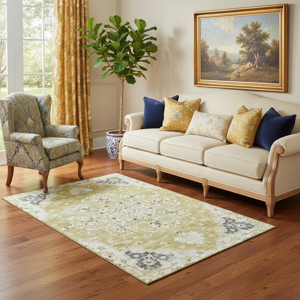 HomeRoots 5' X 8' Elegant Gold Ivory Blue Floral Medallion Area Rug - Washable, UV Resistant & Stain-Proof! 644534