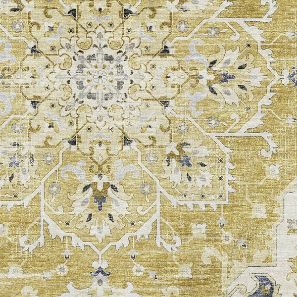 HomeRoots 5' X 8' Elegant Gold Ivory Blue Floral Medallion Area Rug - Washable, UV Resistant & Stain-Proof! 644534