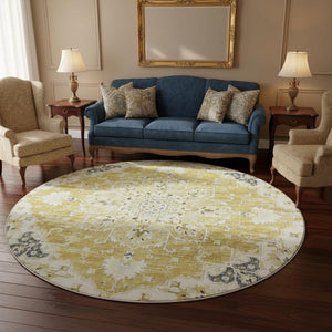 HomeRoots 8' Gold Ivory And Blue Floral Medallion Round Rug - Washable, UV Protected, Stain Resistant & Stylish 644535
