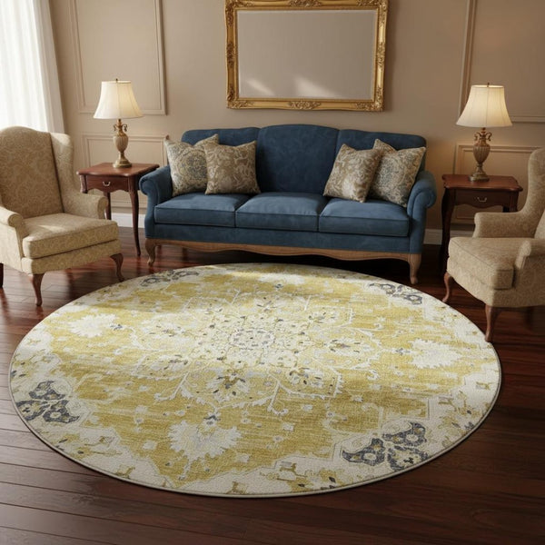 HomeRoots 8' Gold Ivory And Blue Floral Medallion Round Rug - Washable, UV Protected, Stain Resistant & Stylish 644535
