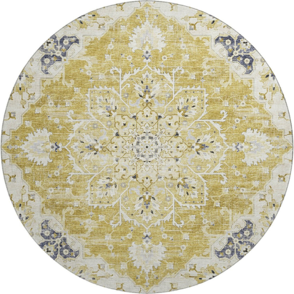 HomeRoots 8' Gold Ivory And Blue Floral Medallion Round Rug - Washable, UV Protected, Stain Resistant & Stylish 644535