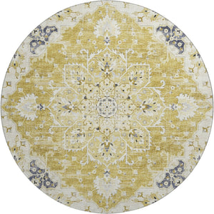 HomeRoots 8' Gold Ivory And Blue Floral Medallion Round Rug - Washable, UV Protected, Stain Resistant & Stylish 644535