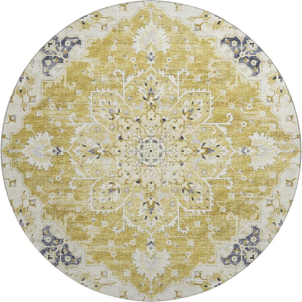 HomeRoots 8' Gold Ivory And Blue Floral Medallion Round Rug - Washable, UV Protected, Stain Resistant & Stylish 644535