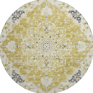 HomeRoots 8' Gold Ivory And Blue Floral Medallion Round Rug - Washable, UV Protected, Stain Resistant & Stylish 644535
