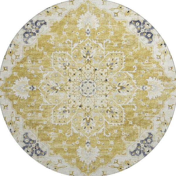 HomeRoots 8' Gold Ivory And Blue Floral Medallion Round Rug - Washable, UV Protected, Stain Resistant & Stylish 644535