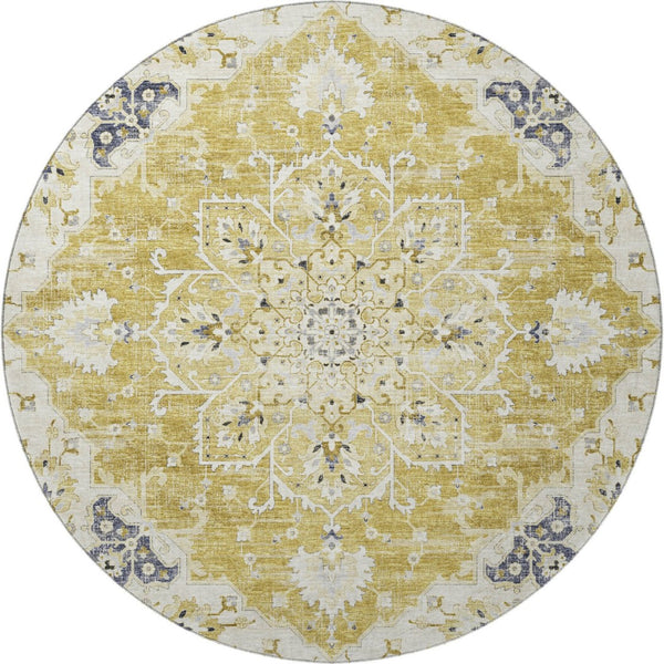 HomeRoots 8' Gold Ivory And Blue Floral Medallion Round Rug - Washable, UV Protected, Stain Resistant & Stylish 644535