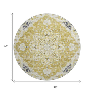 HomeRoots 8' Gold Ivory And Blue Floral Medallion Round Rug - Washable, UV Protected, Stain Resistant & Stylish 644535