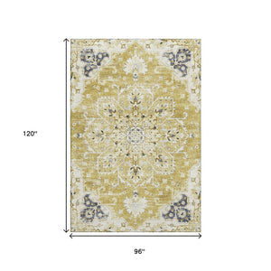 HomeRoots 8' X 10' Elegant Gold, Ivory & Blue Floral Medallion Area Rug - Washable, UV Protected & Stain Resistant 644536