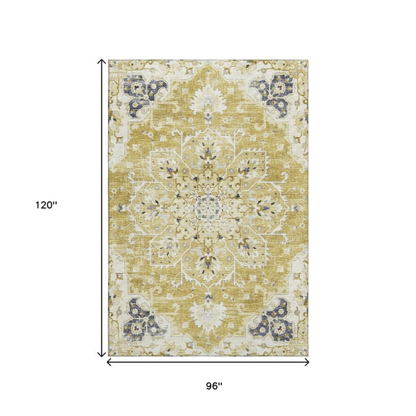 HomeRoots 8' X 10' Elegant Gold, Ivory & Blue Floral Medallion Area Rug - Washable, UV Protected & Stain Resistant 644536