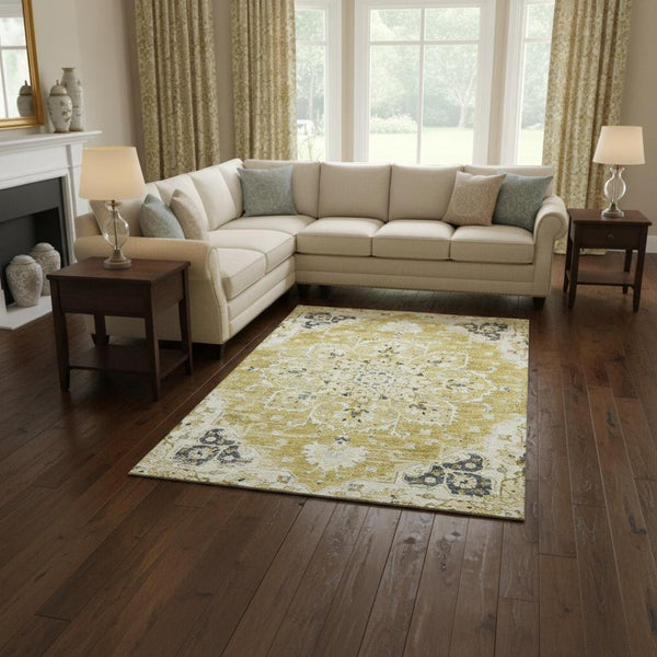HomeRoots 8' X 10' Elegant Gold, Ivory & Blue Floral Medallion Area Rug - Washable, UV Protected & Stain Resistant 644536