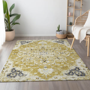 HomeRoots 8' X 10' Elegant Gold, Ivory & Blue Floral Medallion Area Rug - Washable, UV Protected & Stain Resistant 644536