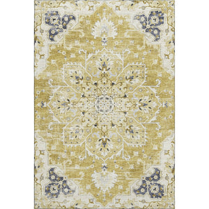 HomeRoots 8' X 10' Elegant Gold, Ivory & Blue Floral Medallion Area Rug - Washable, UV Protected & Stain Resistant 644536