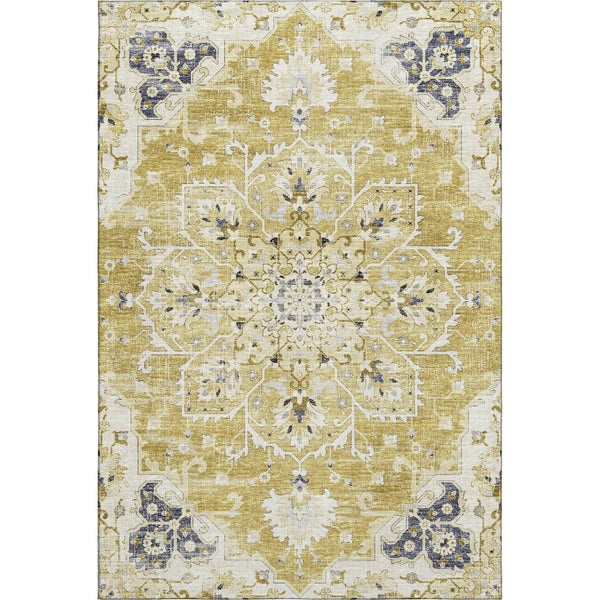 HomeRoots 8' X 10' Elegant Gold, Ivory & Blue Floral Medallion Area Rug - Washable, UV Protected & Stain Resistant 644536