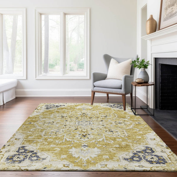 HomeRoots 8' X 10' Elegant Gold, Ivory & Blue Floral Medallion Area Rug - Washable, UV Protected & Stain Resistant 644536