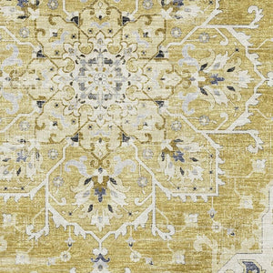 HomeRoots 8' X 10' Elegant Gold, Ivory & Blue Floral Medallion Area Rug - Washable, UV Protected & Stain Resistant 644536