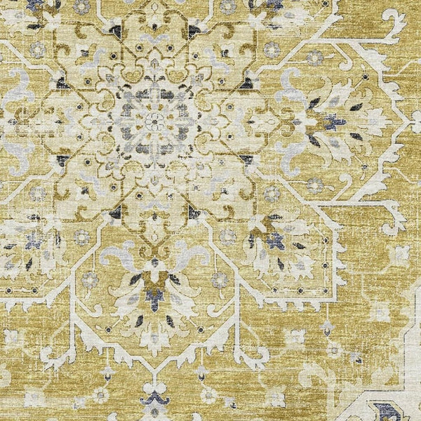HomeRoots 8' X 10' Elegant Gold, Ivory & Blue Floral Medallion Area Rug - Washable, UV Protected & Stain Resistant 644536